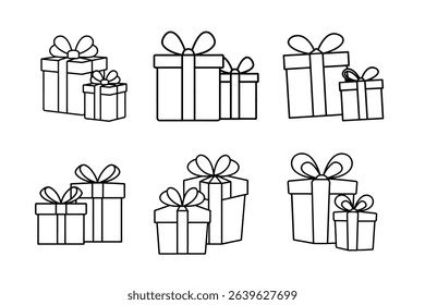 Collection of Cute and Simple Gift Box Line Art Illustrations Perfect for Cards, Wrapping Paper, and Digital Designs. Download Free Line Art of Presents for Your Creative Projects.
