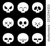 Collection of cute simple skulls with different emotions. Stickers, emoji. Cute cartoon elements for Halloween design. 
