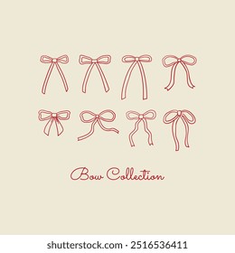Coleção de fitas de contorno pequeno simples bonito. Ilustração de arco desenhada à mão vetorial. Clipart de feriado no estilo de esboço retrô