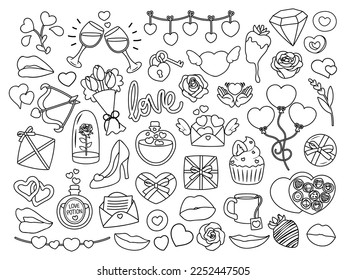 Collection of cute simple Valentine's Day related items and objects. Black and white vector illustrations for coloring.