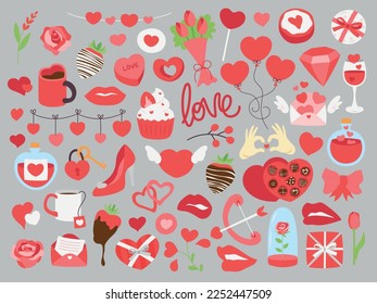 Sammlung von süßen einfachen Valentinstag verwandten Gegenständen und Gegenständen. Farbige Vektorgrafiken.