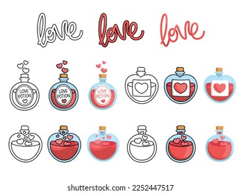 Collection of cute simple Valentine's Day related potion bottles. Colorful and black and white vector illustrations.