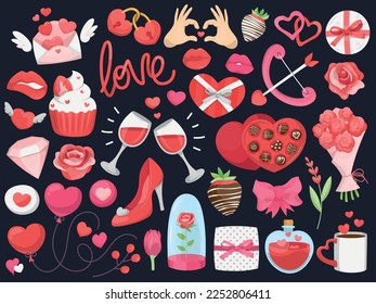 Collection of cute simple Valentine's Day related items and objects. Colorful vector illustrations with basic shading.