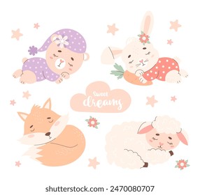 Colección lindos animales durmientes. Divertido conejito con zanahoria y oso en pijama, zorro y oveja. Ilustración vectorial. Colección de niños. Pequeños personajes animales aislados en colores pastel.