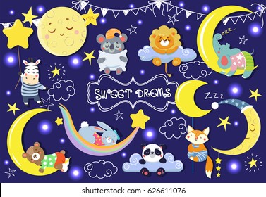 Collection with cute sleeping animals. Moons and stars. Vector illustration