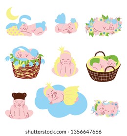 Collection of Cute Sleeping Newborn Babies Vector Illustration