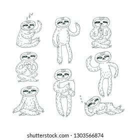 Collection of cute sloths isolated on white background. Hand drawn style. Design elements for greeting cards, magnets or stickers.