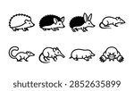 A collection of cute small animals including hedgehogs, a mouse, a shrew, and a mole. These simple black and white line art drawings are perfect for educational materials or children