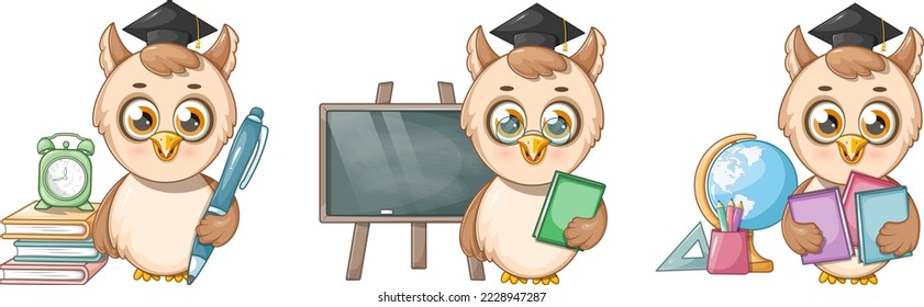 Collection of cute and smart owls with school supplies