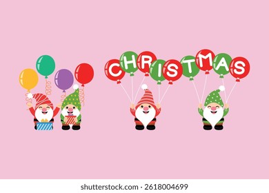 collection of cute smile christmas gnome celebrate for christmas party with christmas gift and colorful balloon, and holding christmas air balloon party with wording character illustration vector