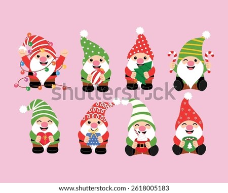 collection of cute smile gnome with christmas element, christmas light, ornament ball, tiny christmas tree , candy cane, gift and hot chocolate mug illustration vector