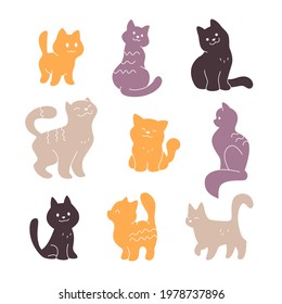 Collection of cute smiling cat silhouettes sit, walk, stand isolated on white background. Vector simple flat style illustration. For logo, patterns, emblems etc.