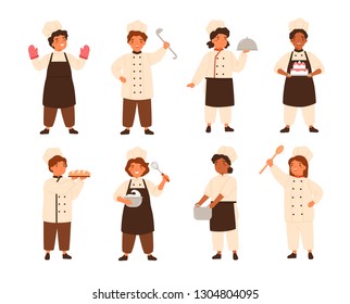 Collection of cute smiling children cooks or kids chefs. Bundle of young kitchen workers cooking and serving meals, boys and girls wearing uniform and toques. Flat cartoon vector illustration.