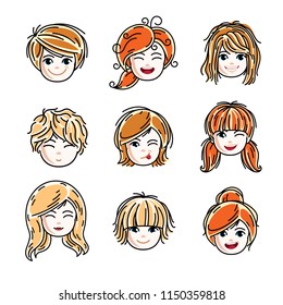 Collection of cute smiling girls faces expressing positive emotions, vector human head illustrations. Set of red-haired and blonde teenage girls with beautiful face features, clipart.