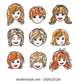 Collection of cute smiling girls faces expressing positive emotions, vector human head illustrations. Set of red-haired and blonde teenage girls with beautiful face features, clipart.