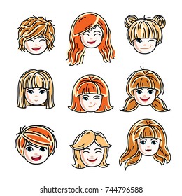 Collection of cute smiling girls faces expressing positive emotions, vector human head illustrations. Set of red-haired and blonde teenage girls with beautiful face features, clipart.