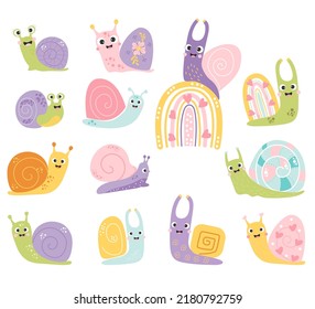 Collection of cute snails. Funny insects. Decorative snail characters on rainbow with hearts and flowers. Vector illustration. Isolated elements for design, decor and print and decoration