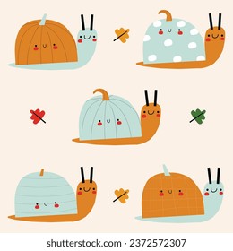 Collection of cute snails. Funny insects. Set of Cute Snails with Pumpkin Shell. Vector illustration. Poster and print for children's textiles, decor, design.
