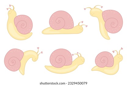 A collection of cute snails in love. Set of simple animal illustrations in kawaii style. Snails in different poses. Clipart for Valentine's Day design.