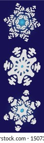 Collection of cute snowflakes on blue background.  Original concept accurate forms and colors. Vector illustration art. White nice snow flakes, carved silhouettes. New year 3d ornaments.