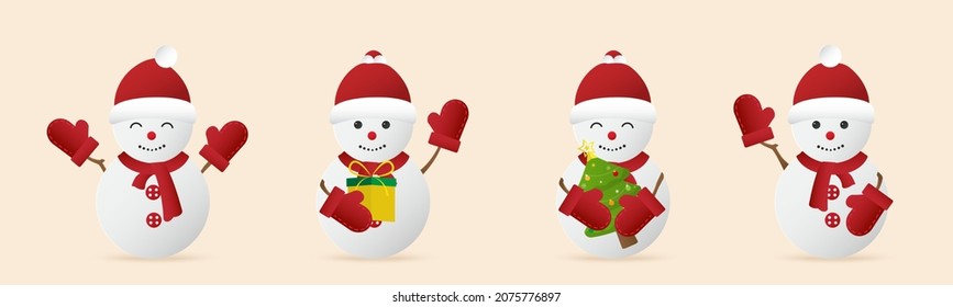 Collection of Cute snowman characters with different emotions isolated on beige background.  Merry christmas and happy new year. Vector illustration