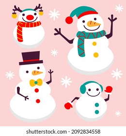 The Collection of cute snowman in christmas costume, wearing knitted hat and scraf in green and red color, cartoon design flat vector illustration