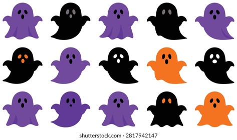 Collection of cute and spooky Halloween ghosts in purple, black, and orange with different facial expressions. Ideal for holiday designs.
