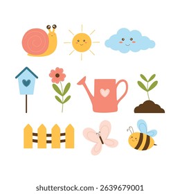 Collection Cute Spring Character illustration. Whimsical Garden Scene Cute Snail Sunshine and Blooming Flowers
