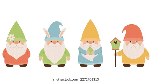 Collection of cute spring gnomes. A variety of garden gnomes, in a flat cartoon style.