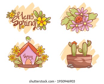 Collection of cute spring illustrations. cartoon character and illustration "hello spring" concept. 