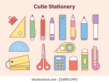 A collection of cute stationery. outline vector illustration.