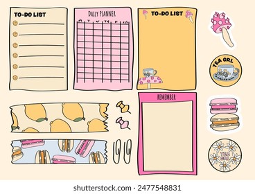 Collection of cute stationery and planner stickers and pages.