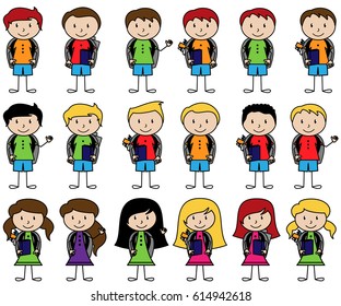 Collection of Cute Stick Figure Students in Vector Format