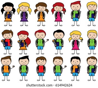 Collection of Cute Stick Figure Students in Vector Format