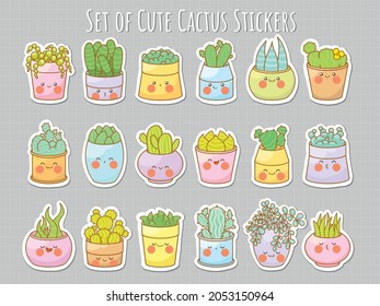 collection of cute sticker cactus and succulent plant cartoon character