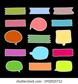 collection of cute sticker for short message, chat symbol, label, tag or dialog word, set of blank colorful speech bubble and paper tape in flat design,