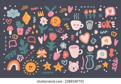 Collection of Cute Stickers for Daily and Weekly Planners. Kawaii Cartoon elements of flowers, stars, heart, rainbow, sun, butterflies and others