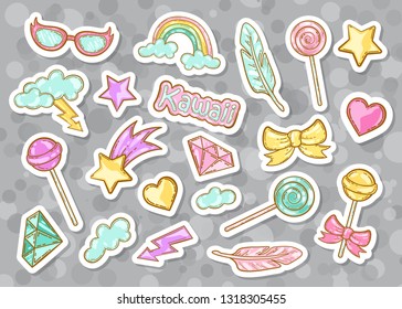 Collection of cute stickers with frame. Feathers, bows and candy, Kawai