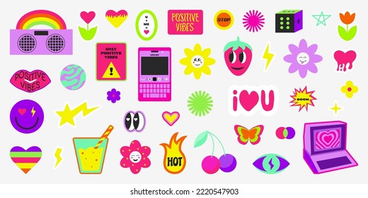 Collection of cute stickers. Funky, hipster stickers. y2k style.