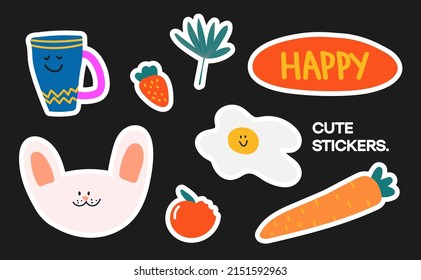 Collection of cute stickers and kawaii elements. Hare, scrambled eggs, carrots, cup, strawberries. Set for children.