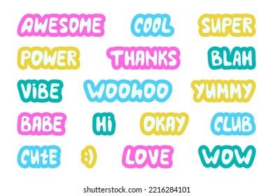 Collection of cute stickers on white background. Words and sounds written in cute cool font. y2k style.