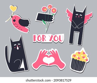 Collection of cute stickers for Valentine's Day. Vector illustration.