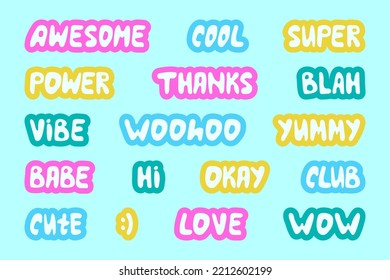 Collection Of Cute Stickers. Words And Sounds Written In Cute Cool Font. Awesome, Cool, Super, Power, Thanks, Blah, Vibe, Woohoo, Yummy, Babe, Hi, Okay, Club, Cute, Lowe, Wow. Y2k Style.