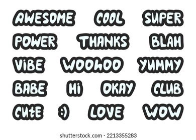 Collection Of Cute Stickers. Words And Sounds Written In Cute Cool Font. Awesome, Cool, Super, Power, Thanks, Blah, Vibe, Woohoo, Yummy, Babe, Hi, Okay, Club, Cute, Lowe, Wow. Y2k Style.