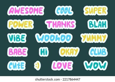 Collection Of Cute Stickers. Words And Sounds Written In Cute Cool Font. Awesome, Cool, Super, Power, Thanks, Blah, Vibe, Woohoo, Yummy, Babe, Hi, Okay, Club, Cute, Lowe, Wow. Y2k Style.