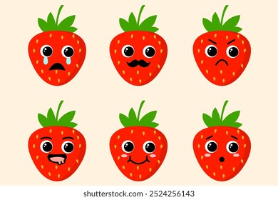 Collection of Cute Strawberry Fruit Expression Bundle Vector Illustrations