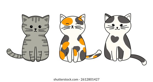 Collection of cute striped cat, tricolor cat and spotted cat, vector illustrations on white background, decorative design elements in cartoon style.