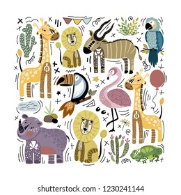 Collection of cute stylized African animals arranged in square. Elements on white background. Print design for t-shirt, cover, poster for children room. Vector illustration, flat and hand drawing. 