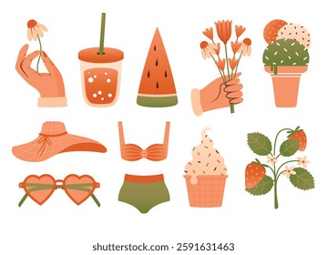 Collection of cute summer cliparts. Vector elements for Hello Summer Card. Hand holding daisy, swimming suit, slice of watermelon, beach hat, eyeglasses, strawberry, ice cream cone. Summer vacation.