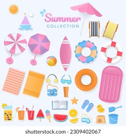 Collection of cute summer design elements in pastel color on white background. Paper art design. 